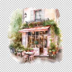Pariser Kaffee Clipart Bundle, 8x PNG Bilder Transparenter Hintergrund, Aquarell gemalte Kaffees & Restaurants Bild 9