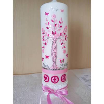 Taufkerze Mädchen Lebensbaum rosa silber Baum des Lebens Taufsymbole Schleife Name Datum Spruch individualisierbar