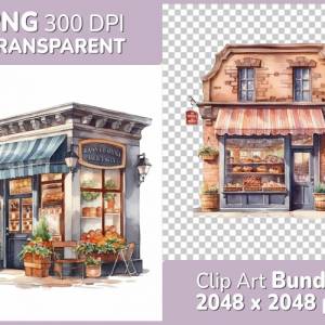 Kleine Bäckerei Clipart Bundle, 8x PNG Bilder Transparenter Hintergrund, Aquarell gemalte Bäcker Läden & Geschäfte Bild 1