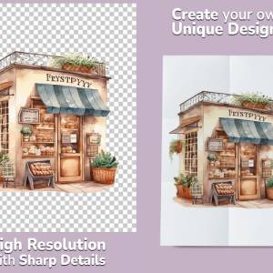 Kleine Bäckerei Clipart Bundle, 8x PNG Bilder Transparenter Hintergrund, Aquarell gemalte Bäcker Läden & Geschäfte Bild 2