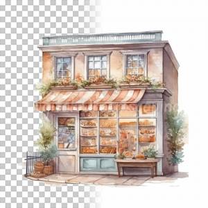 Kleine Bäckerei Clipart Bundle, 8x PNG Bilder Transparenter Hintergrund, Aquarell gemalte Bäcker Läden & Geschäfte Bild 3
