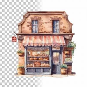 Kleine Bäckerei Clipart Bundle, 8x PNG Bilder Transparenter Hintergrund, Aquarell gemalte Bäcker Läden & Geschäfte Bild 4