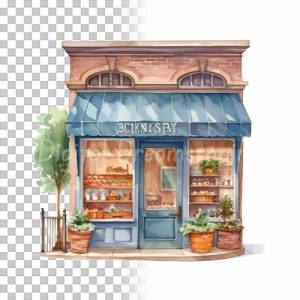 Kleine Bäckerei Clipart Bundle, 8x PNG Bilder Transparenter Hintergrund, Aquarell gemalte Bäcker Läden & Geschäfte Bild 5