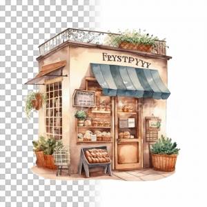Kleine Bäckerei Clipart Bundle, 8x PNG Bilder Transparenter Hintergrund, Aquarell gemalte Bäcker Läden & Geschäfte Bild 8