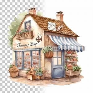 Kleine Bäckerei Clipart Bundle, 8x PNG Bilder Transparenter Hintergrund, Aquarell gemalte Bäcker Läden & Geschäfte Bild 9
