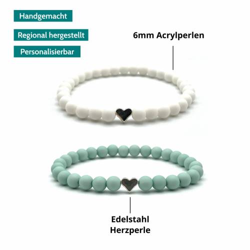 Perlenarmbänder Herz - 2er Set - Handgefertigt, Individualisierbar - Personalisierbares Schmuckstück - Minzgrüne & Weiße