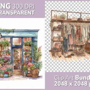 Kleines Geschäft Clipart Bundle, 8x PNG Bilder Transparenter Hintergrund, Aquarell gemalte Geschäfte & Läden Bild 1