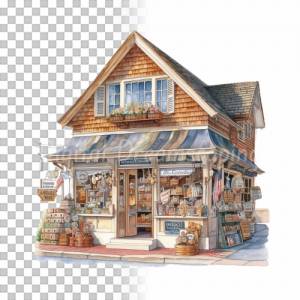 Kleines Geschäft Clipart Bundle, 8x PNG Bilder Transparenter Hintergrund, Aquarell gemalte Geschäfte & Läden Bild 3