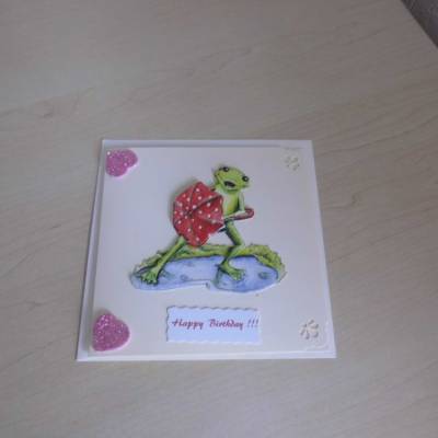 Karte - Grußkarte  Glückwunschkarte zum Geburtstag mit 3-D-Motiv Frosch mit dem Regenschirm gegen den Wind