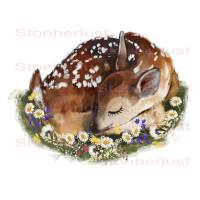 Rehkitz Bambi liegend mit Blumen Decalfolie Wasserschiebefolie wasserfest, Transferfolie, Möbel, Papier, A4, A5 oder A6 Bild 1
