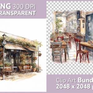 Kaffee & Restaurant Clipart Bundle, 8x PNG Bilder Transparenter Hintergrund, Aquarell gemalte Kaffees & Läden Bild 1