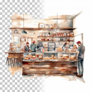 Kaffee & Restaurant Clipart Bundle, 8x PNG Bilder Transparenter Hintergrund, Aquarell gemalte Kaffees & Läden Bild 3