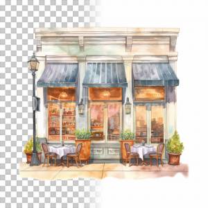 Kaffee & Restaurant Clipart Bundle, 8x PNG Bilder Transparenter Hintergrund, Aquarell gemalte Kaffees & Läden Bild 5