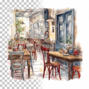 Kaffee & Restaurant Clipart Bundle, 8x PNG Bilder Transparenter Hintergrund, Aquarell gemalte Kaffees & Läden Bild 6