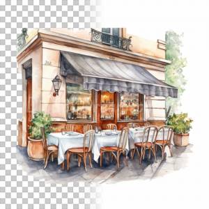 Kaffee & Restaurant Clipart Bundle, 8x PNG Bilder Transparenter Hintergrund, Aquarell gemalte Kaffees & Läden Bild 7