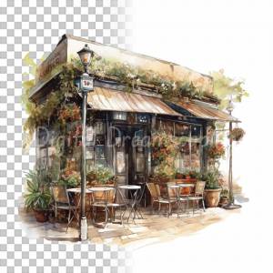 Kaffee & Restaurant Clipart Bundle, 8x PNG Bilder Transparenter Hintergrund, Aquarell gemalte Kaffees & Läden Bild 8