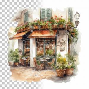 Kaffee & Restaurant Clipart Bundle, 8x PNG Bilder Transparenter Hintergrund, Aquarell gemalte Kaffees & Läden Bild 9