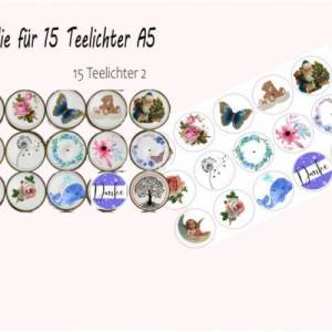 Kerzenfolie Kerzensticker 15 Sticker für Teelichte klein A5, farbig, Rose, Schmetterling, Danke, Baum, Engel Teddy, Weih Bild 1