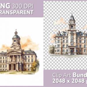 Universität Clipart Bundle, 8x PNG Bilder Transparenter Hintergrund, Aquarell gemalte Universitäts Gebäude Fakultät Bild 1