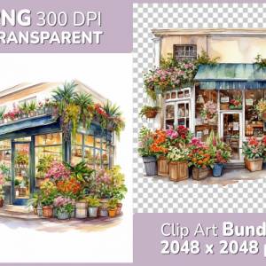 Ladenfront Clipart Bundle, 8x PNG Bilder Transparenter Hintergrund, Aquarell gemalte Geschäfte & Läden Architektur Bild 1