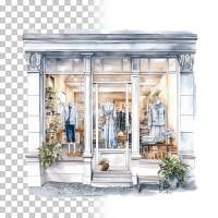 Ladenfront Clipart Bundle, 8x PNG Bilder Transparenter Hintergrund, Aquarell gemalte Geschäfte & Läden Architektur Bild 10