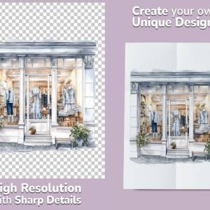 Ladenfront Clipart Bundle, 8x PNG Bilder Transparenter Hintergrund, Aquarell gemalte Geschäfte & Läden Architektur Bild 2