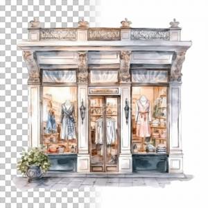 Ladenfront Clipart Bundle, 8x PNG Bilder Transparenter Hintergrund, Aquarell gemalte Geschäfte & Läden Architektur Bild 3