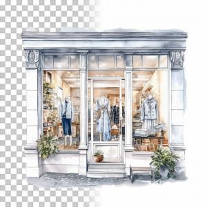 Ladenfront Clipart Bundle, 8x PNG Bilder Transparenter Hintergrund, Aquarell gemalte Geschäfte & Läden Architektur Bild 4