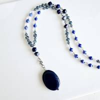 lange Kette mit großem Anhänger blauer Achat, Perlenkette für Damen, Kette blau, Edelsteinkette, Lapis Lazuli Kette Bild 3