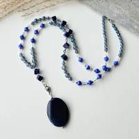 lange Kette mit großem Anhänger blauer Achat, Perlenkette für Damen, Kette blau, Edelsteinkette, Lapis Lazuli Kette Bild 6
