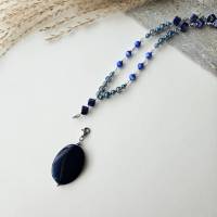 lange Kette mit großem Anhänger blauer Achat, Perlenkette für Damen, Kette blau, Edelsteinkette, Lapis Lazuli Kette Bild 8
