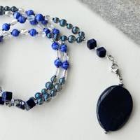lange Kette mit großem Anhänger blauer Achat, Perlenkette für Damen, Kette blau, Edelsteinkette, Lapis Lazuli Kette Bild 9