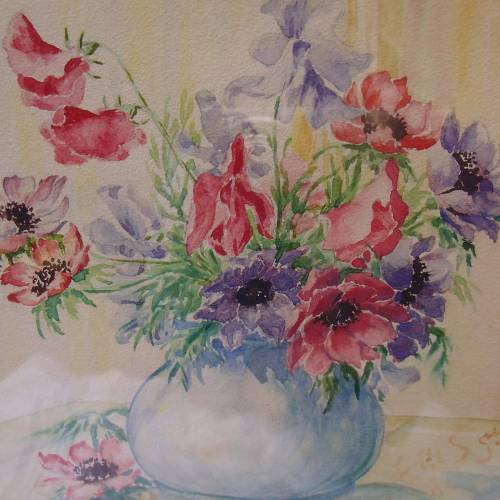 Altes Aquarell 1940 Anemonen Wicken Blüten Blumen