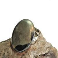 Ring Pyrit metallic auf schwarz Achat oval 20 x 35 Millimeter großer schmaler Stein statementschmuck Herrenring Bild 1