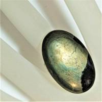 Ring Pyrit metallic auf schwarz Achat oval 20 x 35 Millimeter großer schmaler Stein statementschmuck Herrenring Bild 2