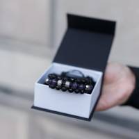 Herren Dreifach-Armband aus Edelsteinen Amethyst Achat und Onyx mit Knotenverschluss, Makramee Armband, 8 mm Bild 4