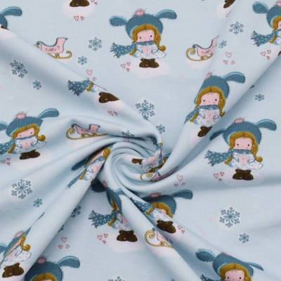 French Terry Stoff Wintermädchen blau Sommersweat  Stoffe Weihnachten nähen Geschenke Meterware