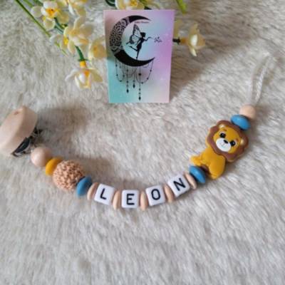 Schnullerkette mit Namen, Löwe, FARBAUSWAHL + Organzasäckchen, Junge, Mädchen