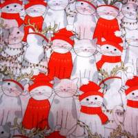Baumwollstoff Weihnachten weiße Kätzchen mit rotem Schal und Mütze Baumwolldruck Kissen Nähen Weihnachtsstoffe Meterware Bild 1