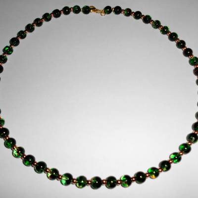 K013 Perlenkette Halskette grün orange gemustert Perlen Kette Handarbeit Schmuck