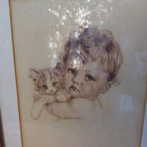 Meta Plückebaum Radierung Katze Kätzchen Kind Mädchen Junge Antik Bild 2