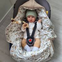 Kuschelige Einschlagdecke für Babyschale aus 100% Walkloden Wolle–Beige Waldtiere Jersey Taufe Geburt Herbst Winter Bild 7