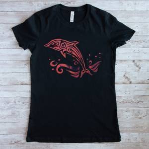 Damen T-Shirt mit  Delphine-Motiv ,schwarzes Damen T-Shirt Bild 1