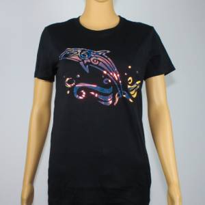Damen T-Shirt mit  Delphine-Motiv ,schwarzes Damen T-Shirt Bild 2