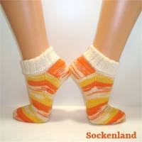 Einzelpaar, handgestrickte Socken Gr. 40-41, Kurzsocken, Damensocken, in natur, orange und gelb Bild 1