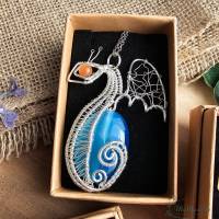Halskette Mystik Dragon Blau Achat Kettenanhänger Drahtschmuck Silber Bild 3