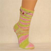 Einzelpaar handgestrickte Socken, Strümpfe Gr. 40/41, Damensocken in grasgrün, pink und weiß Bild 5
