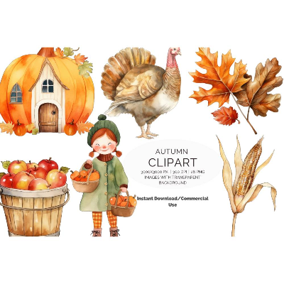 26 digital Autumn PNG Watercolor Clipart Bundle, Sublimation,Commercial License