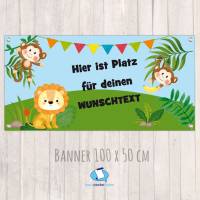 Banner Kinderparty - 100 x 50 cm | Äffchen und Löwe - mit Wunschtext personalisierbar Bild 1