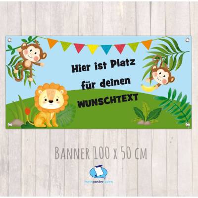 Banner Kinderparty - 100 x 50 cm | Äffchen und Löwe - mit Wunschtext personalisierbar